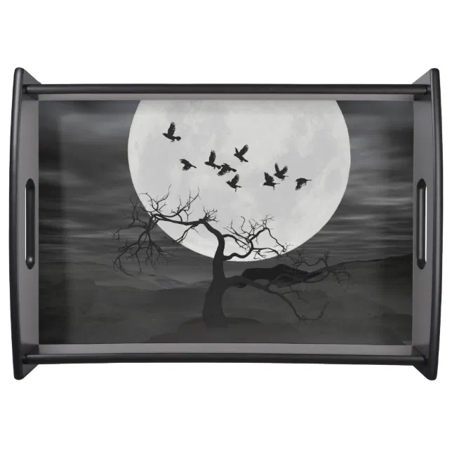 Spooky Ravens Flying Against the Full Moon Serving Tray