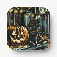 Black Cat and Jack-O-Lantern Halloween Paper Plates