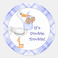 Stork & Twin Boys (dark skin) Baby Announcement Classic Round Sticker