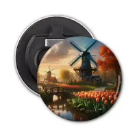 Windmill in Dutch Countryside by River with Tulips Bottle Opener