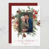 Elegant Winter Floral Gold Foil Christmas Photo