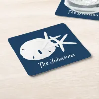 Navy Blue Beach Starfish Sand Dollar Custom   Square Paper Coaster