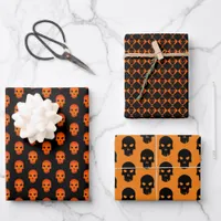 Set of Halloween Black & Orange Skulls Wrapping Paper Sheets