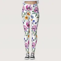 Watercolor Pretty Purple and Yellow Floral  Leggings