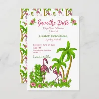 Tropical Flamingos and Flowers Save The Date Invitation