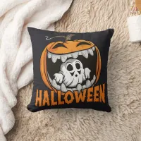 Ghost emerging from a giant Halloween pumpkin Throw Pillow