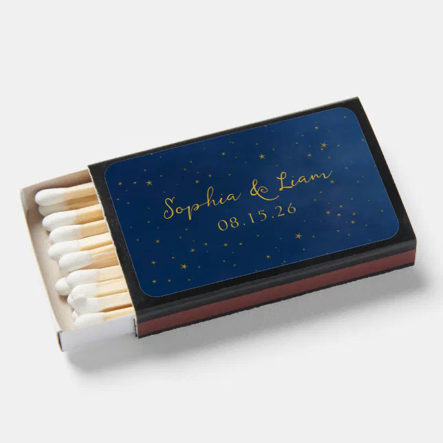 Elegant Navy & Gold Stars Celestial Wedding Custom Matchboxes