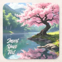 Cherry Blossom Tree by River Tranquil Landscape Square Paper Coaster