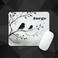 Monogram Simple Black and White Birds in Trees |  Mouse Pad