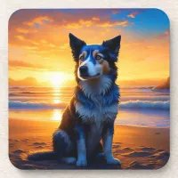 Dog sitting on Ocean Beach at Sunset Beverage Coaster