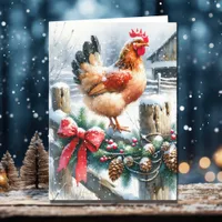 Watercolor Rooster on a Fence Post Christmas Holiday Card