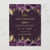Purple Gold Floral Quinceañera  Save the Date Announcement Postcard