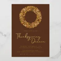 Modern Rustic Brown Gold Foil Thanksgiving Wreath Foil Invitation