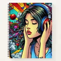 Girl Listening to Music on Headphones Psychedelic Notebook