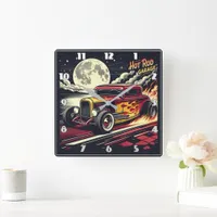 Dynamic hot rod cruising under a full moon glow square wall clock