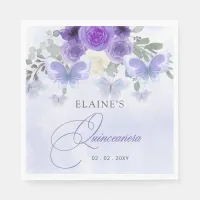 Rustic Floral Purple Lilac Butterflies Quinceanera Napkins