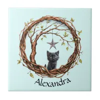 Cute Black Kitten Watching a Star Ceramic Tile