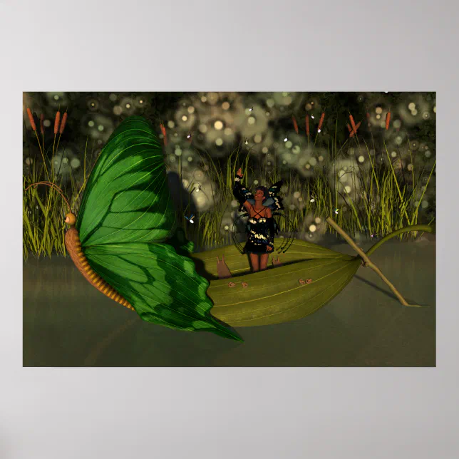 Cute Fairy in Boat with Fireflies Poster