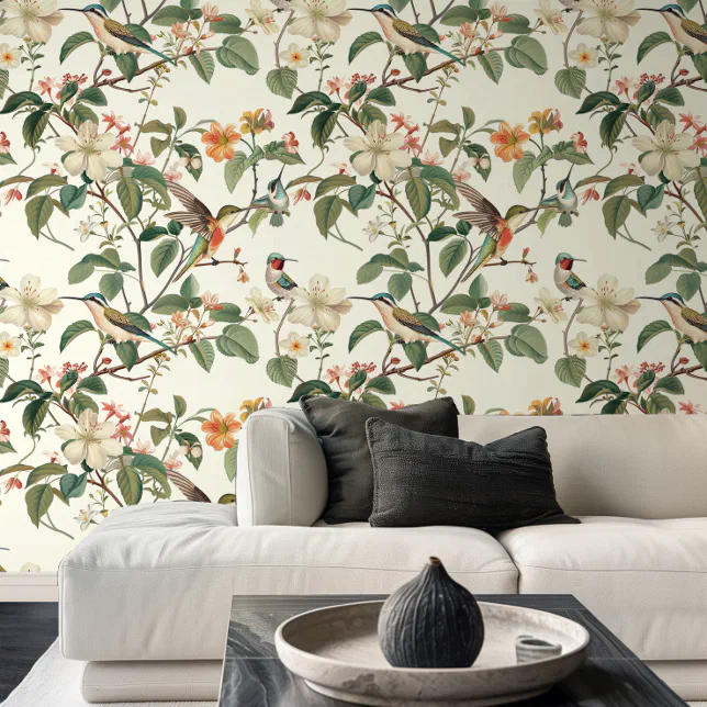 Illustration of Hummingbirds in Garden Living Room Wallpaper