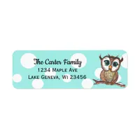 Cute hand painted watercolor owl teal polka dot label