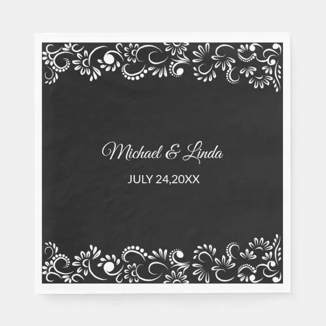 Elegant simple black and white floral wedding napkins