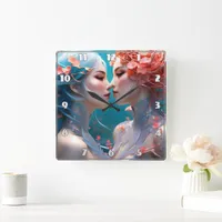 Elegant Mermaids Embracing Underwater Blossoms Square Wall Clock