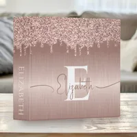 Rose Gold Brushed Metal Glitter Drips Monogrammed 3 Ring Binder