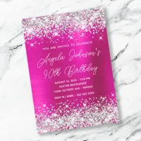 Silver Glitter Hot Pink Monoline 90th Birthday Invitation