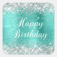 Silver Glitter Turquoise Happy Birthday Square Sticker