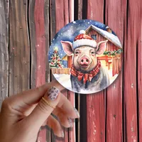 Cute Rustic Christmas Pig and Barn Large Classic Round Sticker