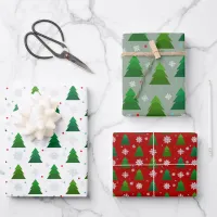 Christmas tree forest, snowflakes, red blue dots wrapping paper sheets