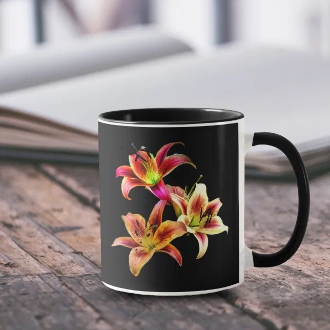 Elegant Trio of Yellow Pink Daylilies Floral Mug