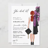 Purple Minimalist Photo She Did It Graduation Invitation