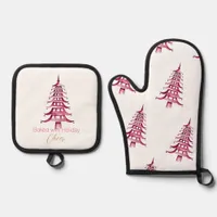 Red Pagoda Christmas Tree  Oven Mitt & Pot Holder Set