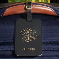 Mr. & Mrs. Newlyweds Gold Script Black Wedding Luggage Tag