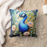 Peacock Displaying Feathers Among Flowers Throw Pillow