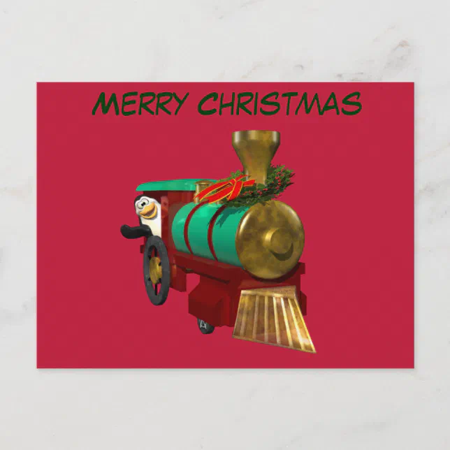 Cute Cartoon Penguin and Christmas Train Holiday Postcard