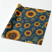 Cute Sunflower Pattern Blue Wrapping Paper