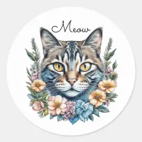 Cute Watercolor Cat with Flowers   Classic Round Sticker
