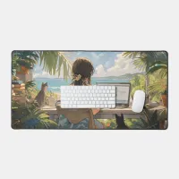 Anime office by the sea Desk Mat