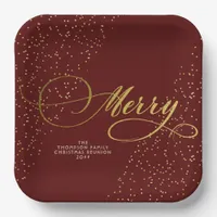 Burgundy Gold Script Merry Bright Family Christmas Paper Plates