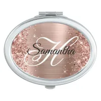 Glittery Rose Gold Foil Fancy Monogram Oval Compact Mirror