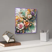 Beautiful Decorative Roses on Colorful Background Square Wall Clock