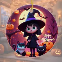 Cute little witch with cats and pumpkins, custom  ceramic ornament