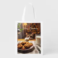 Cute Tabby Cat Reaching for Cookies Christmas Grocery Bag