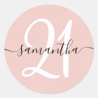 Girly Signature Personalized Number 21 Blush Classic Round Sticker