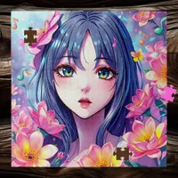 Beautiful Anime Girl and Flowers Jigsaw Puzzle