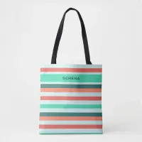 Personalized Modern Stripe Patterned Peach Aqua Tote Bag