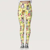 Colorful Woodland Owls and Leaves Watercolor Leggings