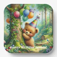 Cute Watercolor Cartoon Baby Bear Cub Birthday Paper Plates